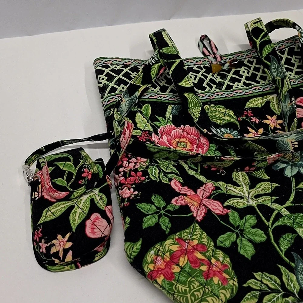 Vera Bradley Tote Bag Black Green Botanical Floral Quilted Purse w/Hanging Pouch